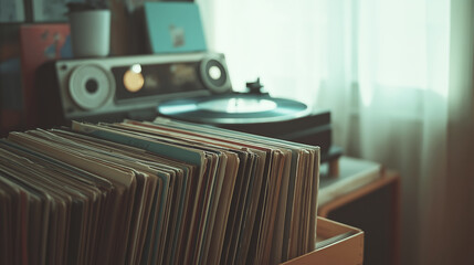 Vintage vinyl records collection in cozy room, retro music setup with turntable, nostalgic home decor, retro vibe concept