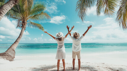 Couple on tropical beach raising arms, enjoying vacation, under palm trees, turquoise sea, white sand, joyful moment, summer holidays, travel, tropical paradise concept