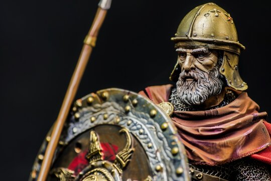 A fierce Carthaginian general stands poised for battle, adorned in intricate armor and gripping his shield and spear with determination.