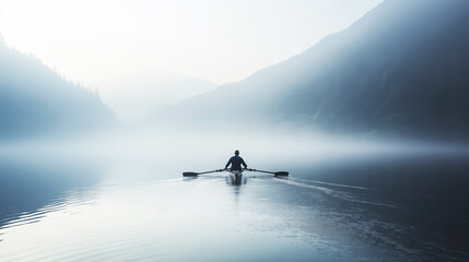 Fototapeta premium Solitary rower on calm misty lake, surrounded by mountains, morning tranquility, serene landscape concept