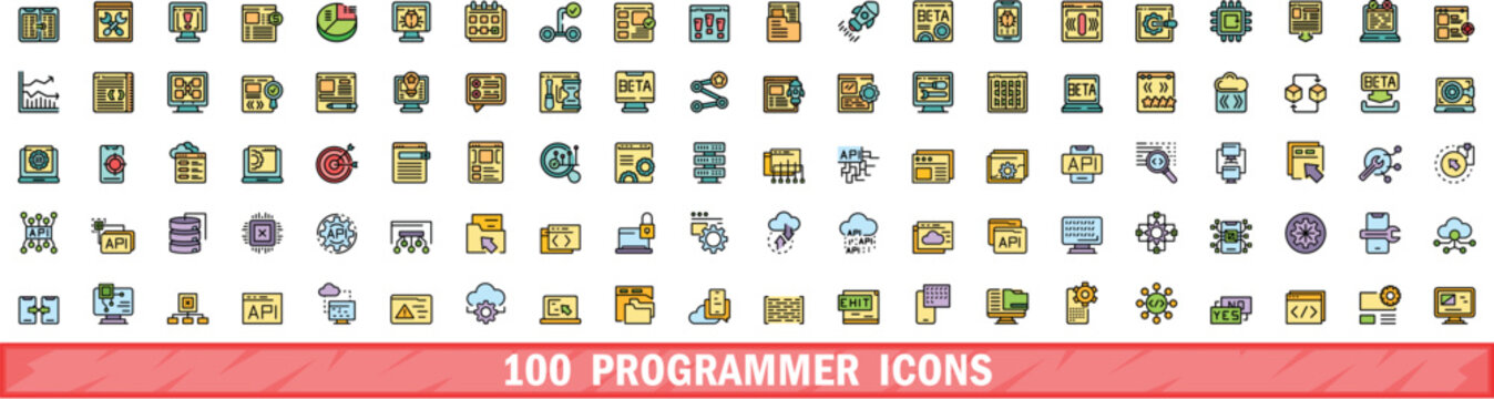 100 programmer icons set. Color line set of programmer vector icons thin line color flat on white