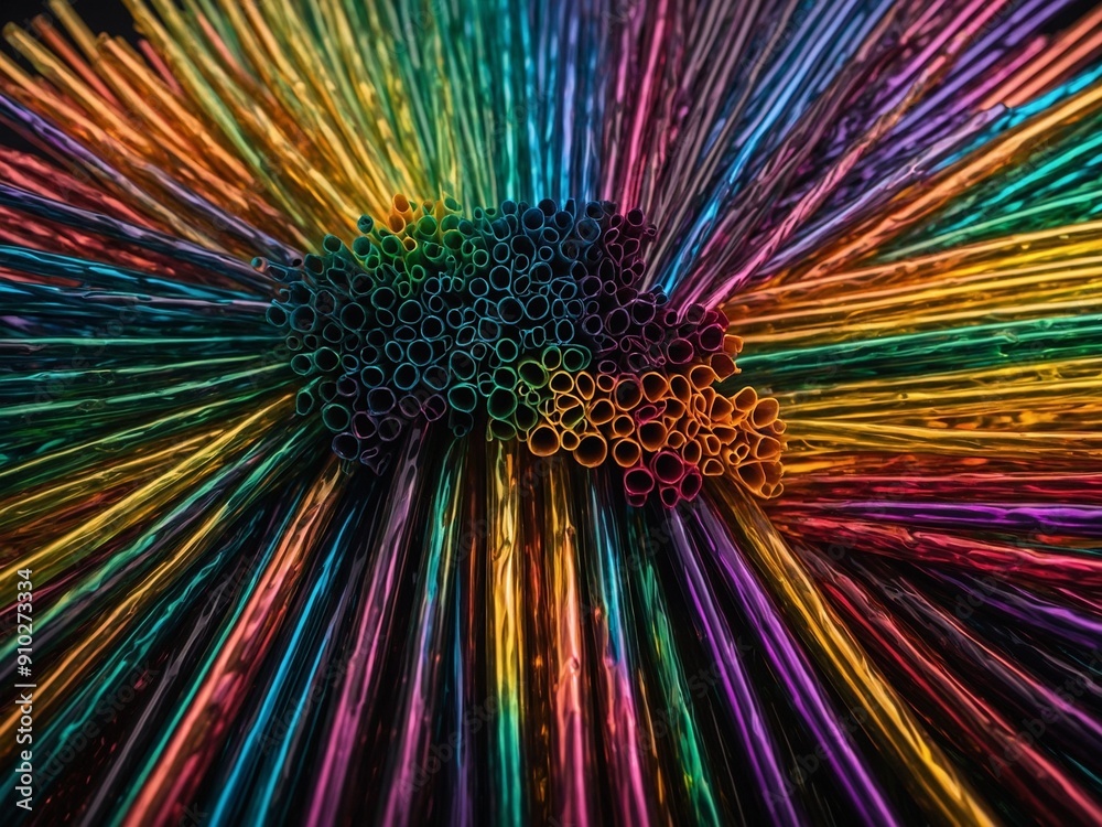 Poster vibrant array of colored straws spread out in radial pattern, creating visually striking effect. str