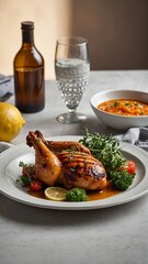 Roasted chicken leg rests on white plate garnished with parsley, cherry tomatoes, accompanied by slices of lemon. In background, bowl of soup, glass of water.
