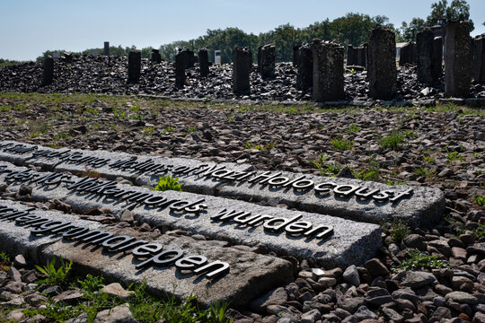 Memorial stones to the murdered Roma and Sinti on the site of the former barracks in Buchenwald concentration camp near Weimar, Germany, July 22 2024