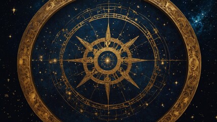 Ornate astrolabe dominates image against starry night sky backdrop. Its intricate design features concentric circles, zodiac signs, celestial pointers. Golden hues stand out against deep blue space.