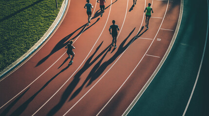 Aerial view, group of athletes running on track, shadows cast, morning light, exercise, teamwork, outdoor track, fitness, sports training, athletic running concept