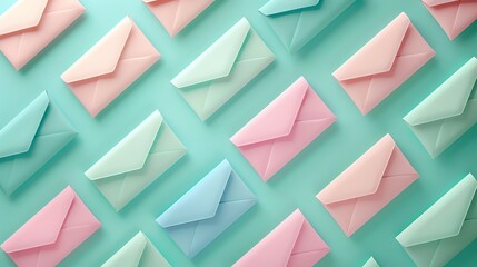 Three dimensional pattern of rows of pastel colored envelopes flat laid against green background