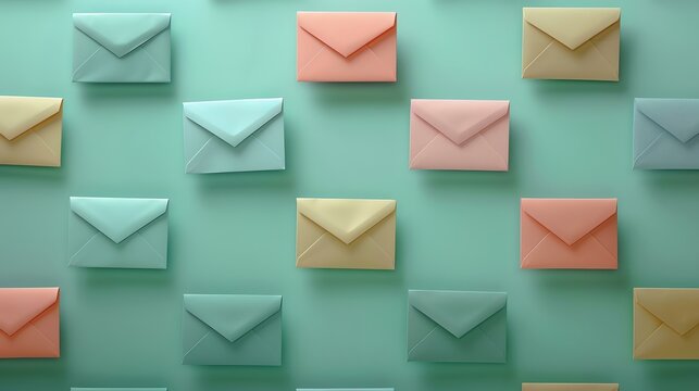 Three dimensional pattern of rows of pastel colored envelopes flat laid against green background
