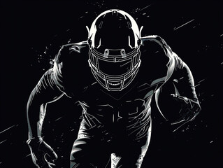 American football player with ball in his hands. Athlete in protective helmet in dynamic motion. Concept of sports, hobbies. Black and white poster. Copy space.