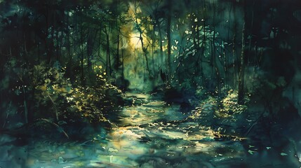 Fototapeta premium A tranquil stream winds through a dense, sun-dappled forest, creating a serene and mystical atmosphere.