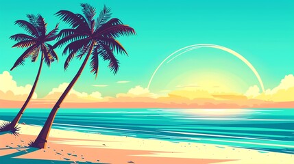 Obraz premium A tropical beach scene with palm trees and a rainbow over the ocean at sunset. A perfect summer escape.