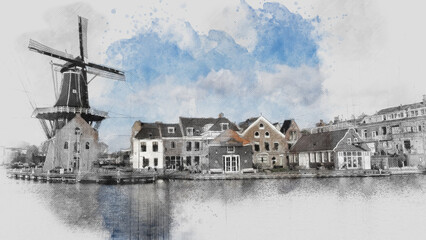 Watercolor sketch of traditional Dutch windmill and canal houses in the Netherlands