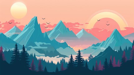 A vibrant, stylized landscape featuring majestic mountains at sunrise with a pink and blue color scheme.