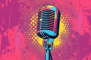 Pop art Microphone radio podcast logo colorful background in pop art retro comic style