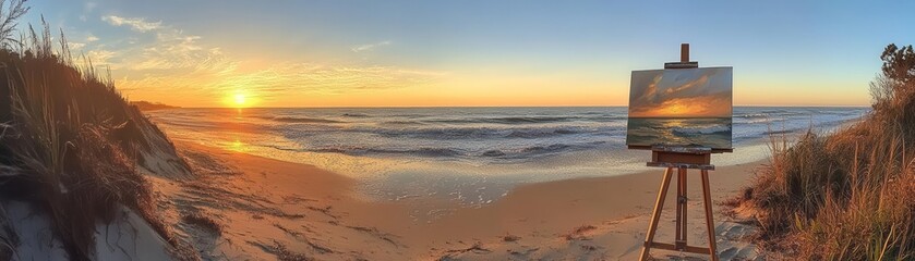 A serene beach scene with an artist's easel capturing a beautiful sunset over the ocean waves.