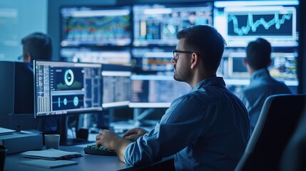 Young male data scientist works on computer in modern office room with colleagues. Wears headset, uses mic, focuses on screen display of neural network software. Room equipped with multiple monitors,
