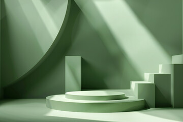 Obraz premium Minimalistic Green Abstract Pedestal and Stairs with Light Shadows - Modern Decor and Stylish Product Display