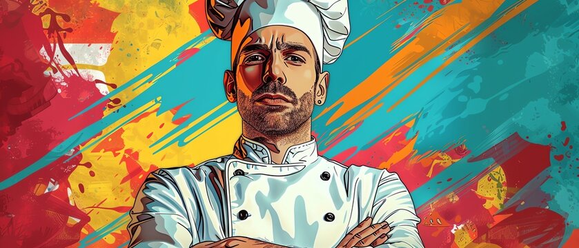 Pop art chef with a colorful background Retro comic style with vibrant kitchen elements