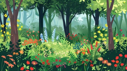 Obraz premium A vibrant, whimsical illustration of a lush, green forest with wildflowers and dappled sunlight.