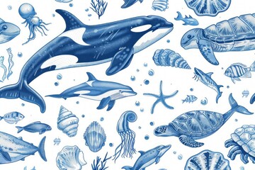 Blue sea creatures illustration. Big vector collection, isolated elements on a white background. Hand drawn illustration. Excellent for the design of invitations, cards, menu decoration
