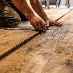Close-up of experienced handyman installing hardwood flooring in modern home