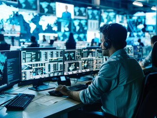 Network operation center specialist working at data center with multiple screens showing charts