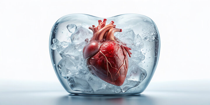 Frozen anatomical heart encased in solid ice, isolated on a pure white background, symbolizing emotional numbness and detachment, a chilling representation of a cold hearted individual.