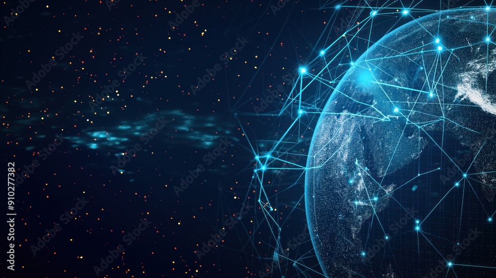 Poster digital data network with security measures in place. interconnected nodes represent global connecti
