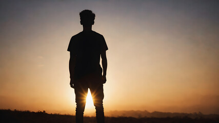A striking silhouette of a young man stands against a vibrant backlit sun. Generative AI