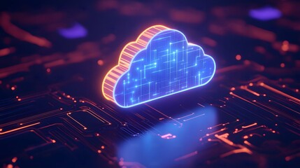 Obraz premium Digital cloud representation with glowing circuits, symbolizing cloud computing and modern technology on a dark background.