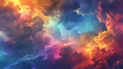 Abstract background with vibrant, swirling clouds in shades of blue, orange, pink and purple.