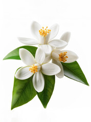 Orange tree flowers bunch closeup isolated on white. Neroli blossom. White citrus tree bloom