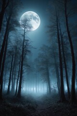 Dark Forest with Full Moon and Pale Blue Mist