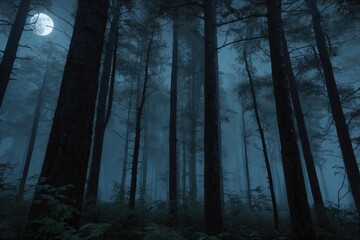 Fototapeta premium Dark Forest with Full Moon and Pale Blue Mist