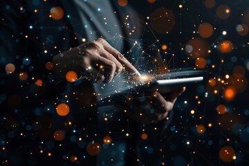 A businessman holding a tablet, closely examining a virtual blockchain network with data fields floating around him in a detailed close-up shot