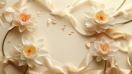 Serene lotus flowers and silk ribbon on a tranquil ivory background, condolence card offering a peaceful message with space for personal words