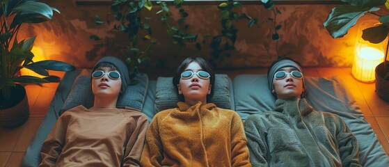 Quiet evening relaxation: Three teenagers rest comfortably with their eyes closed, surrounded by indoor plants. Meditation, zen. Culture and yoga concept