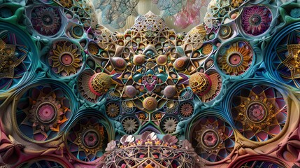 Abstract digital art featuring vibrant colors and intricate patterns, resembling a complex biological structure.