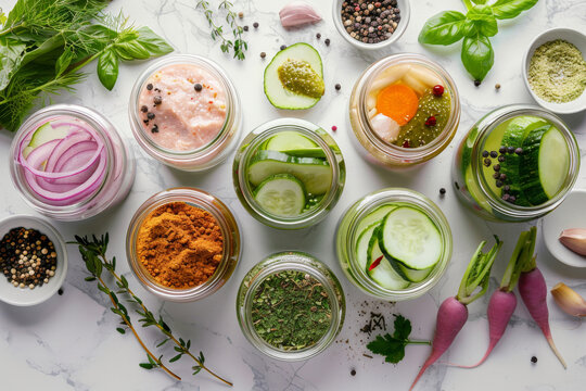 Jars of pickled vegetables on table background, variety of colors, concept of fermentation