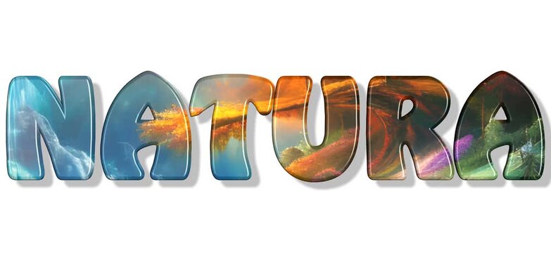 Testo 3D:"NATURA" che ruota con sfondo bianco