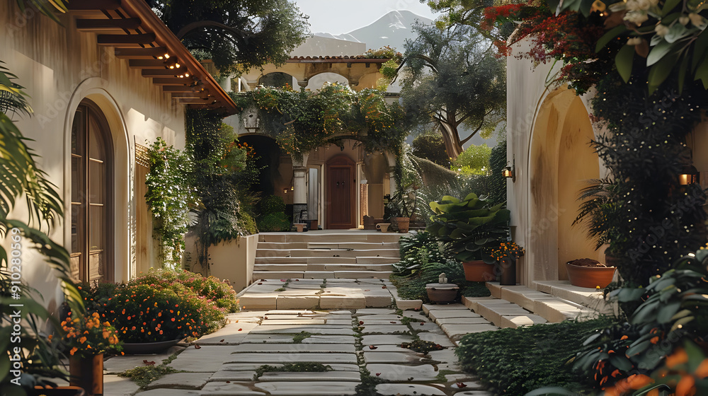 Wall mural Stone Pathway Leading to a Mediterranean Villa Entrance Illustration