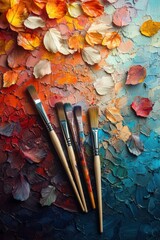 Obraz premium Colorful Autumn Leaves and Paintbrushes on Vibrant Textured Canvas Background