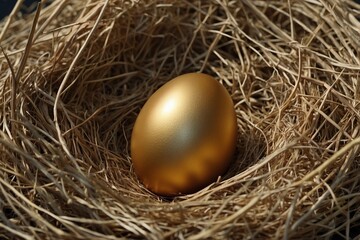 Obraz premium Golden Egg in a Cute Nest. Cozy Nest with a Golden Egg