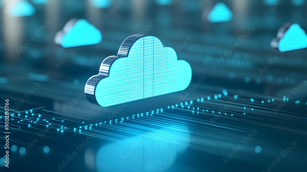 Poster digital cloud technology concept background. cloud computing data storage system represented in a fu