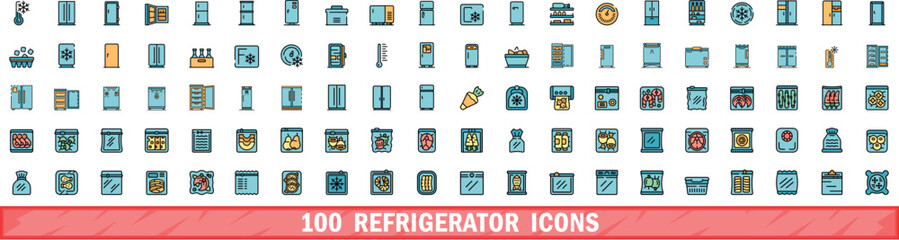 100 refrigerator icons set. Color line set of refrigerator vector icons thin line color flat on white