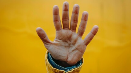 Close-up of hand with six fingers on yellow background. Hand genetic mutation concept.