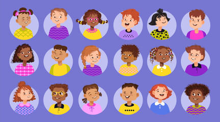 Cute cartoon children. Set of diverse portrait avatars. Bundle of smiling faces of boys and girls. Diverse multiethnic children avatars. Colorful isolated icon collection. Vector flat illustration.