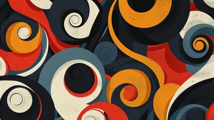 Abstract swirling pattern in red, orange, blue, and white on a black background.