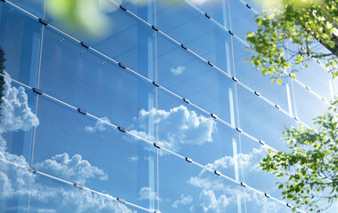 Green tree and glass office building.