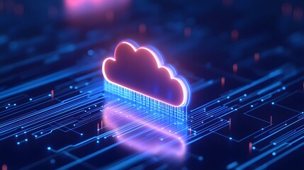 Digital cloud technology concept with a glowing cloud icon on a futuristic blue network background, representing online data storage and computing.